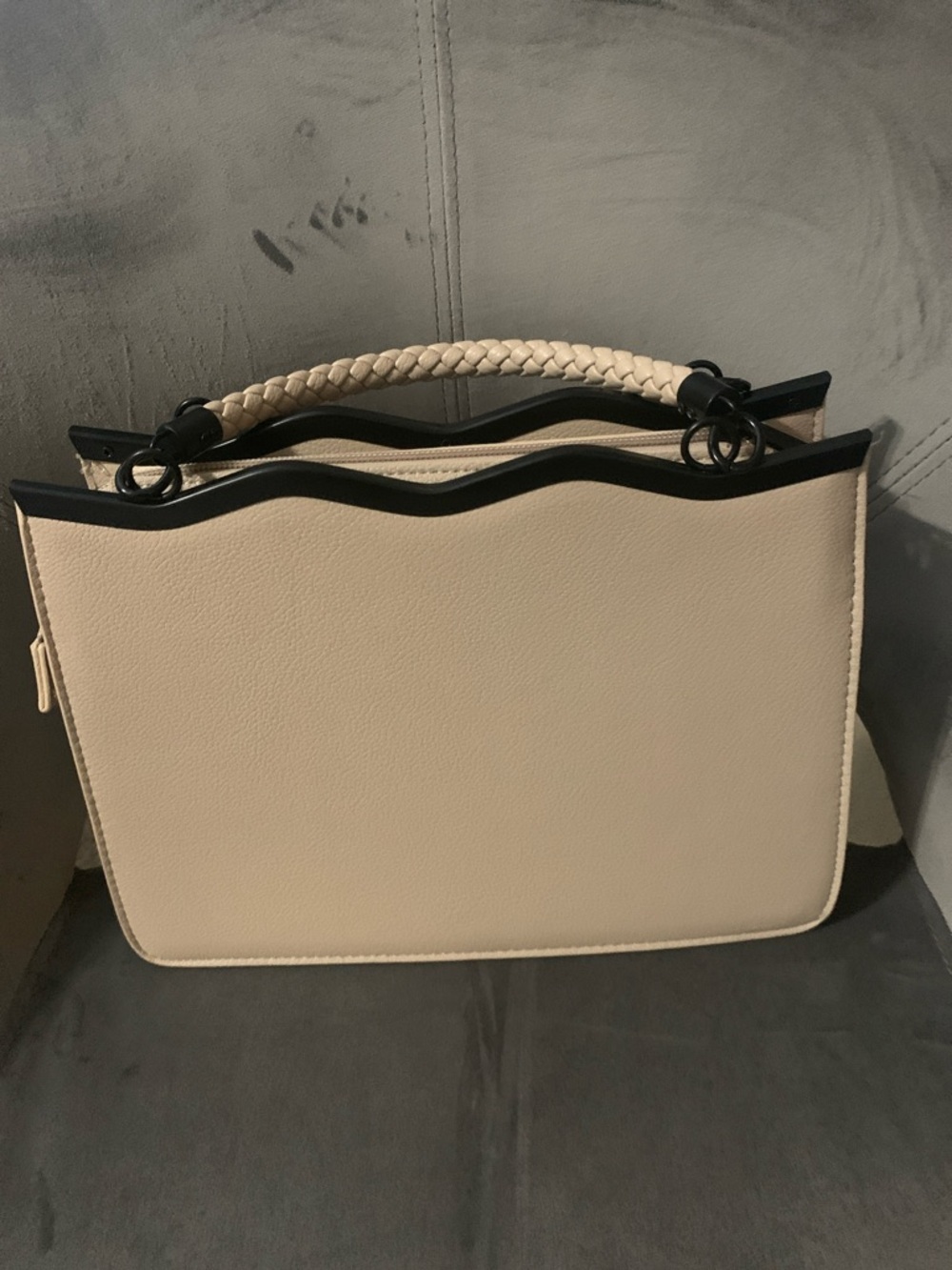 Cream and Black Trim Satchel with Braided Handles and Tassel Charm - Picture 4 of 7